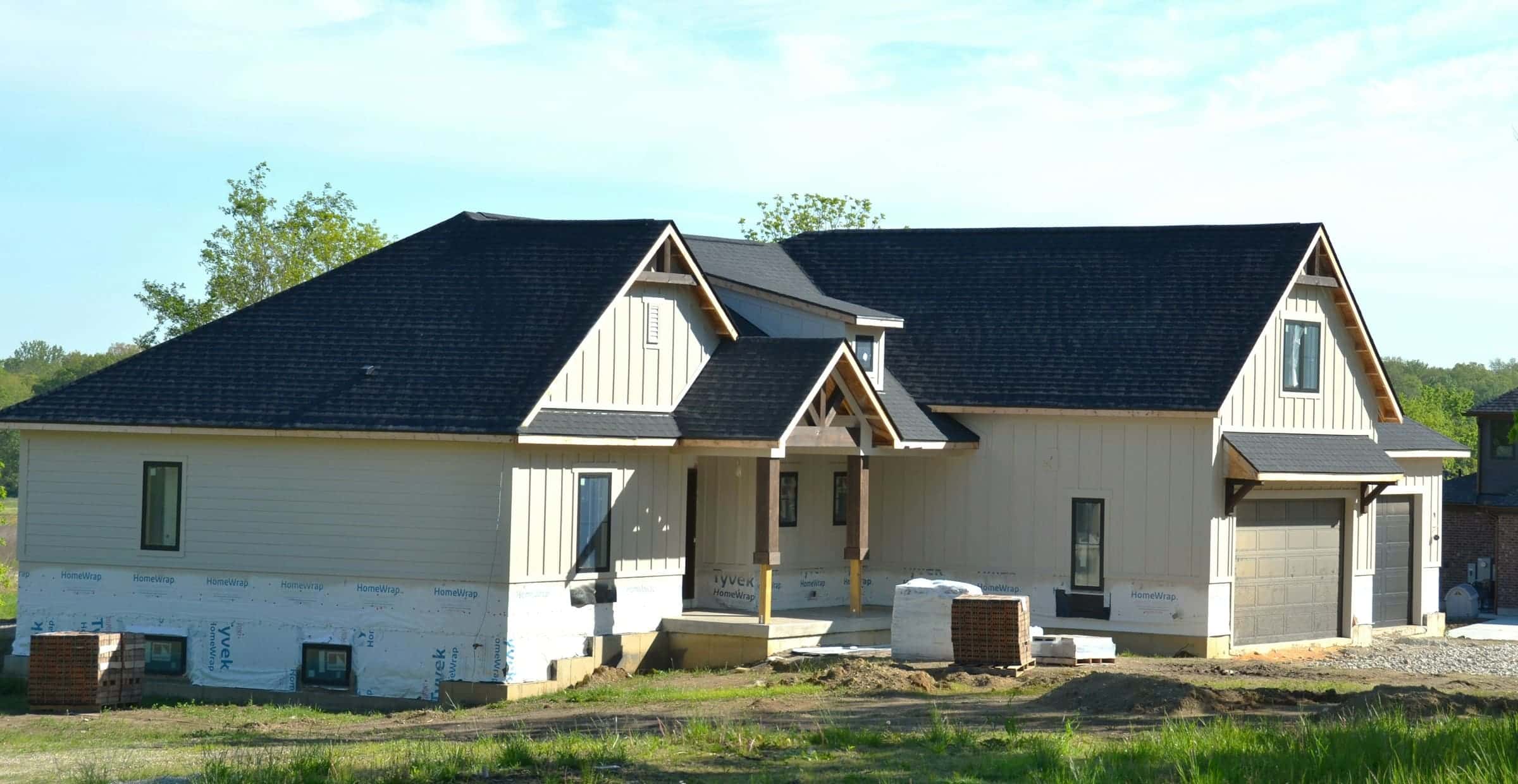 Newly built home with a dark shingle roof