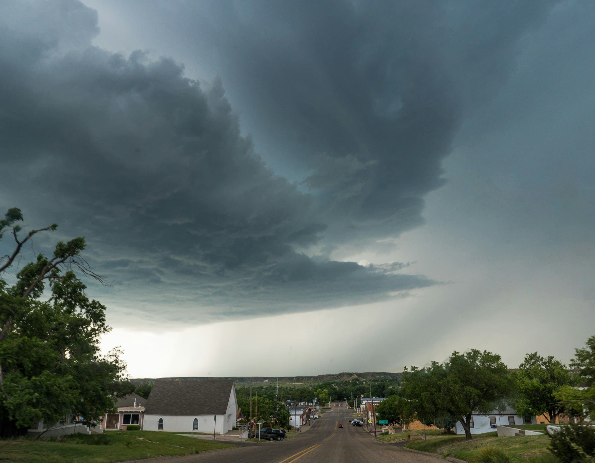 Dark storm cell over a residential neighborhood